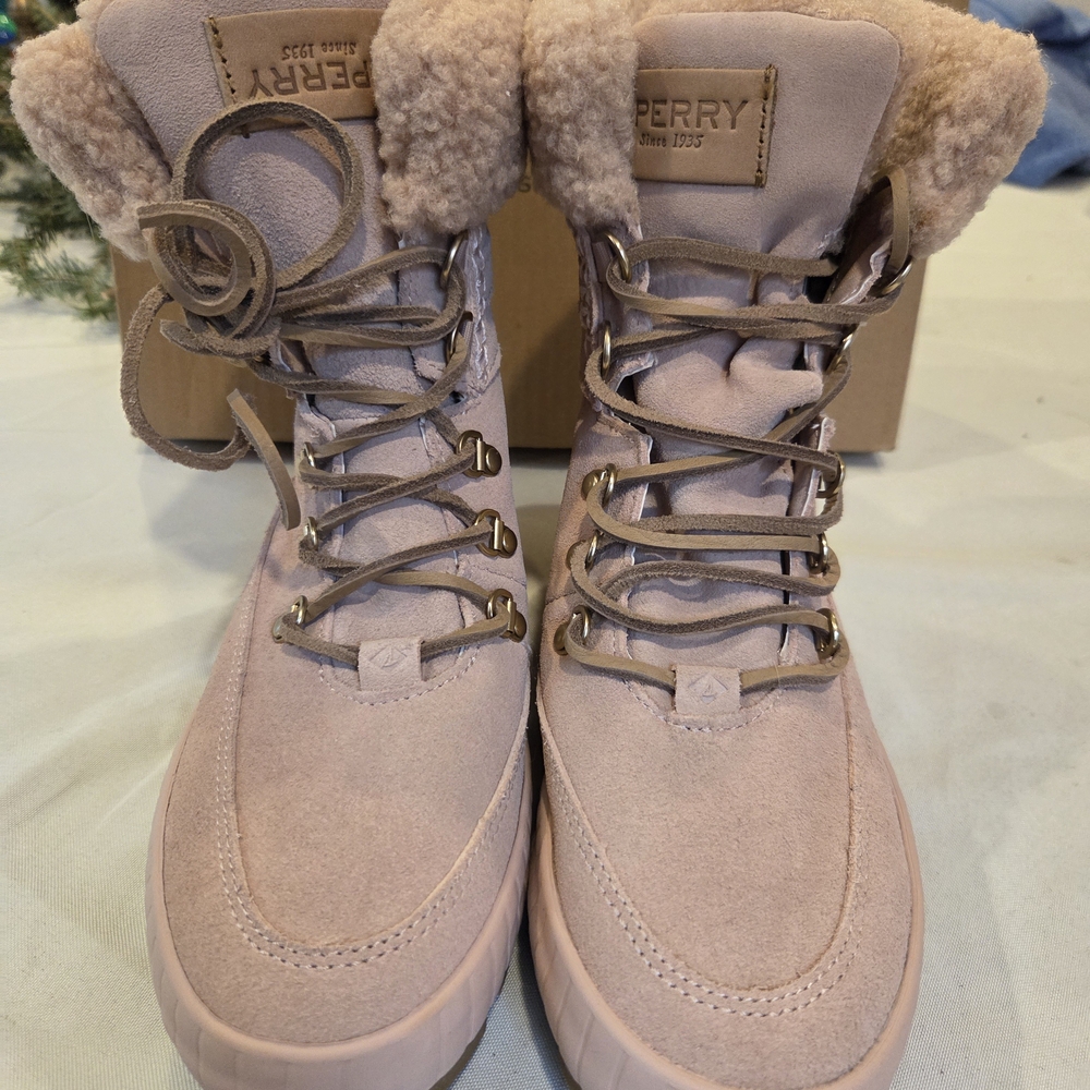 Sperry Women's Pink Suede Winter Lace-Up Boots with Faux Shearling